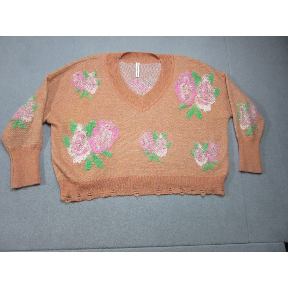 Anthropologie Sweater Womens XL Peach Orange Pink Floral Oversize V-Neck Knit